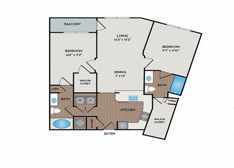Floor plan for 2 beds, 2 baths, 1101 sqft